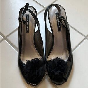 Bandolino Black Suede Peep-Toe Heels with Pom-Pom